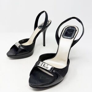 Vintage Christian Dior Logo Slingback Heels Size 36 Black Canvas Leather